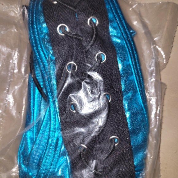 NIP Sexy Skimpy 2pc BodyZone Turquoise Lame & Black Midnight Lacing Lingerie Set - Picture 7 of 8